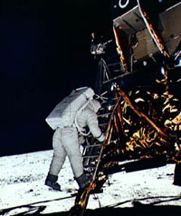 Photograph of Buzz Aldrin descends to the Moon's surface.